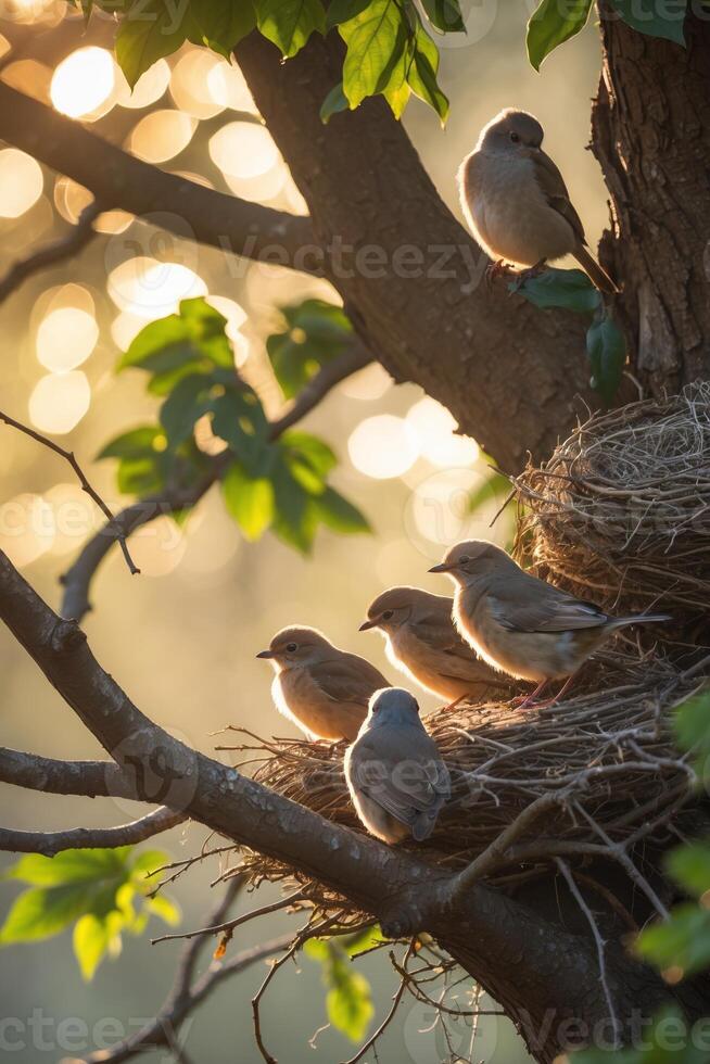 Five young birds resting in a cozy nest perched on a tree branch at sunset, surrounded by soft golden light photo