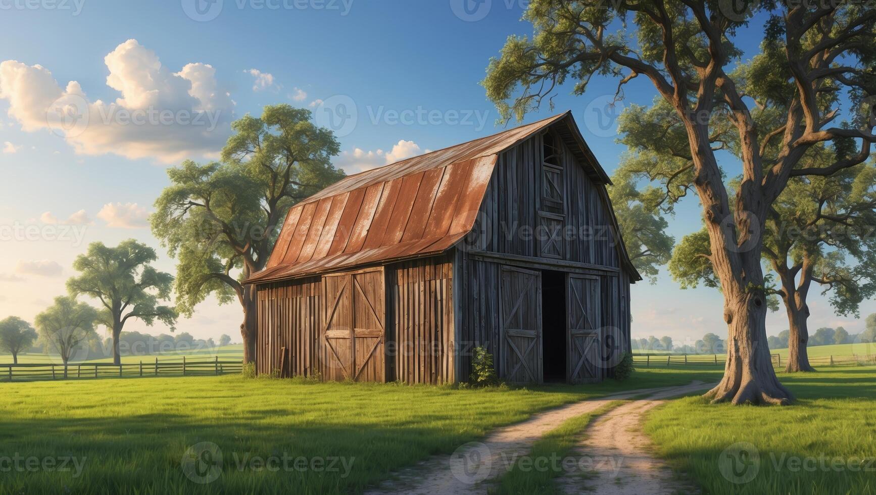 Rustic barn surrounded by green fields and trees during a sunny day in rural countryside photo