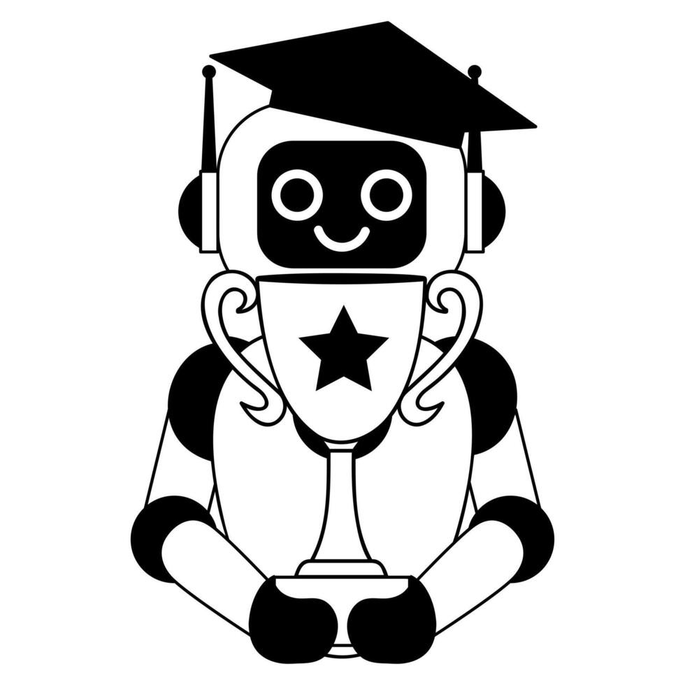 Cute robot in graduation cap presents cup vector