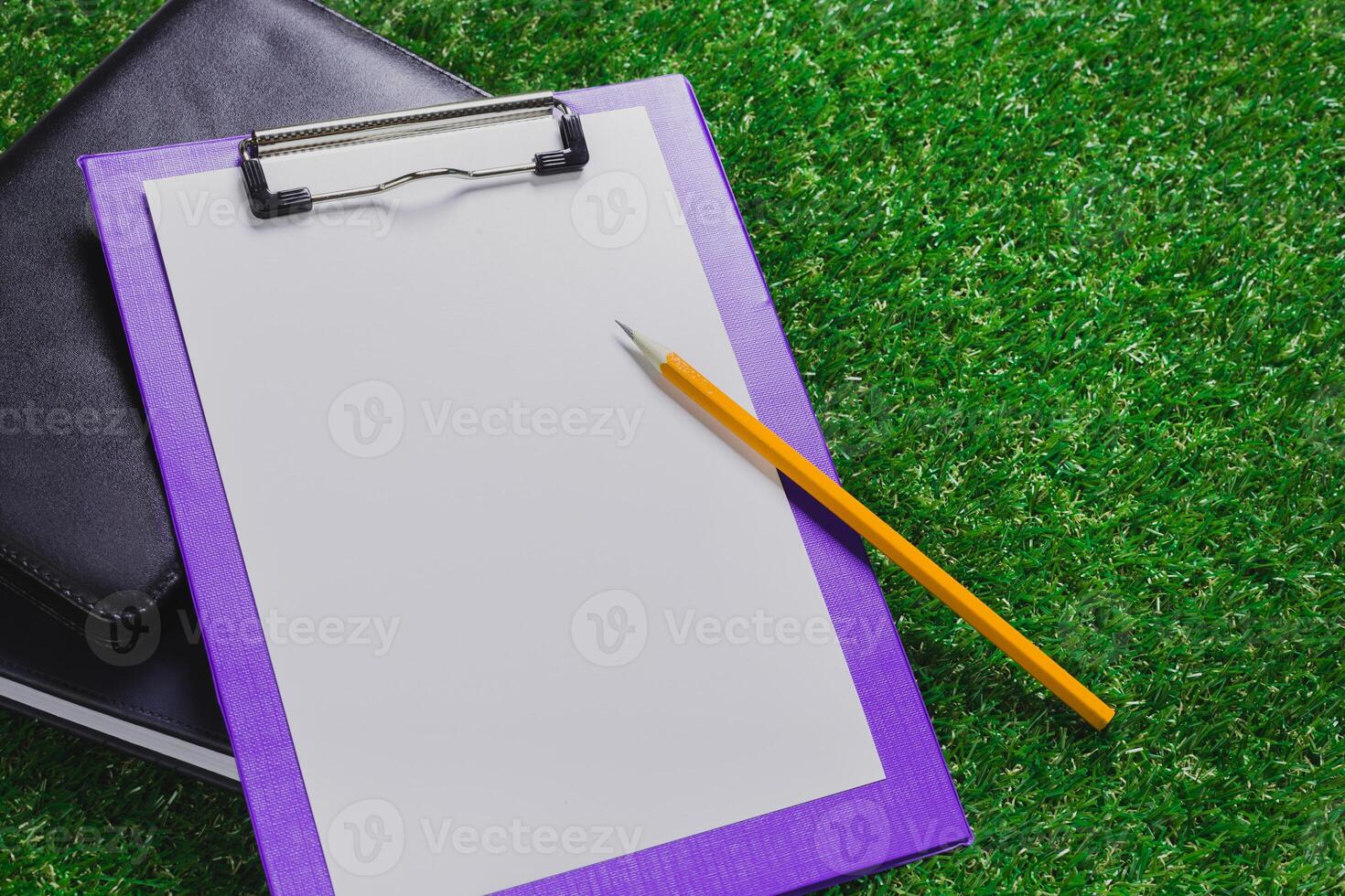 Blank clipboard and pen resting on green grass during a sunny day, ready for notes or sketches outdoors photo