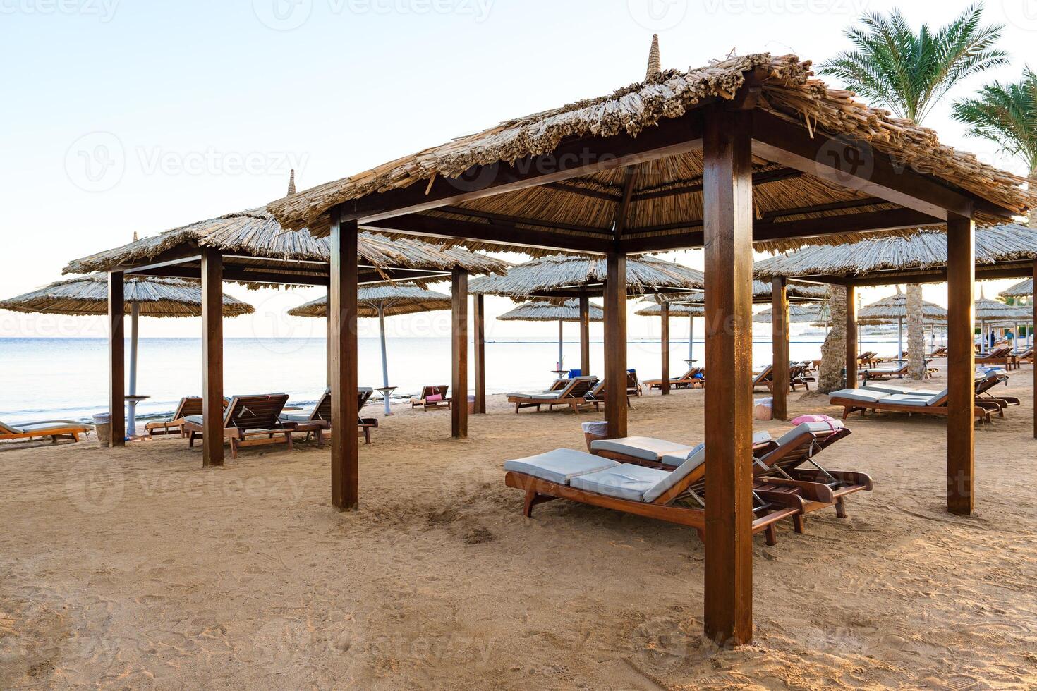 Relaxation areas on a serene beach with straw umbrellas and lounge chairs during sunset photo