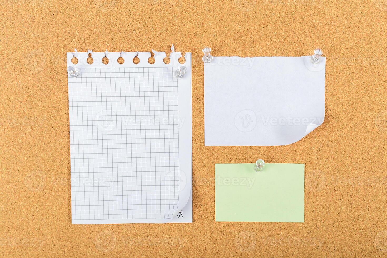Various types of notes pinned on a corkboard for organization and reminders in an office setting photo