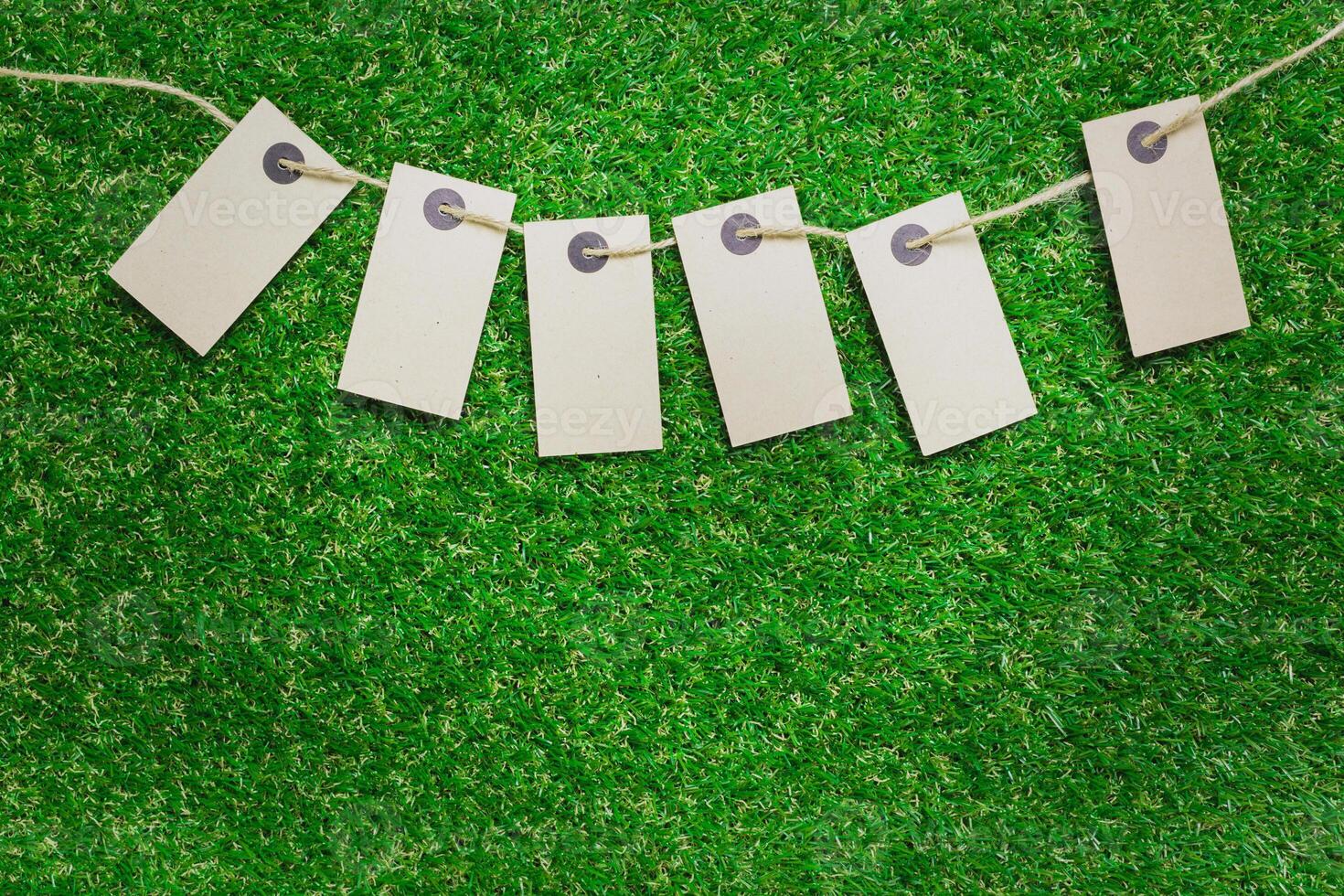 Blank tags hanging on a string over green artificial grass background photo