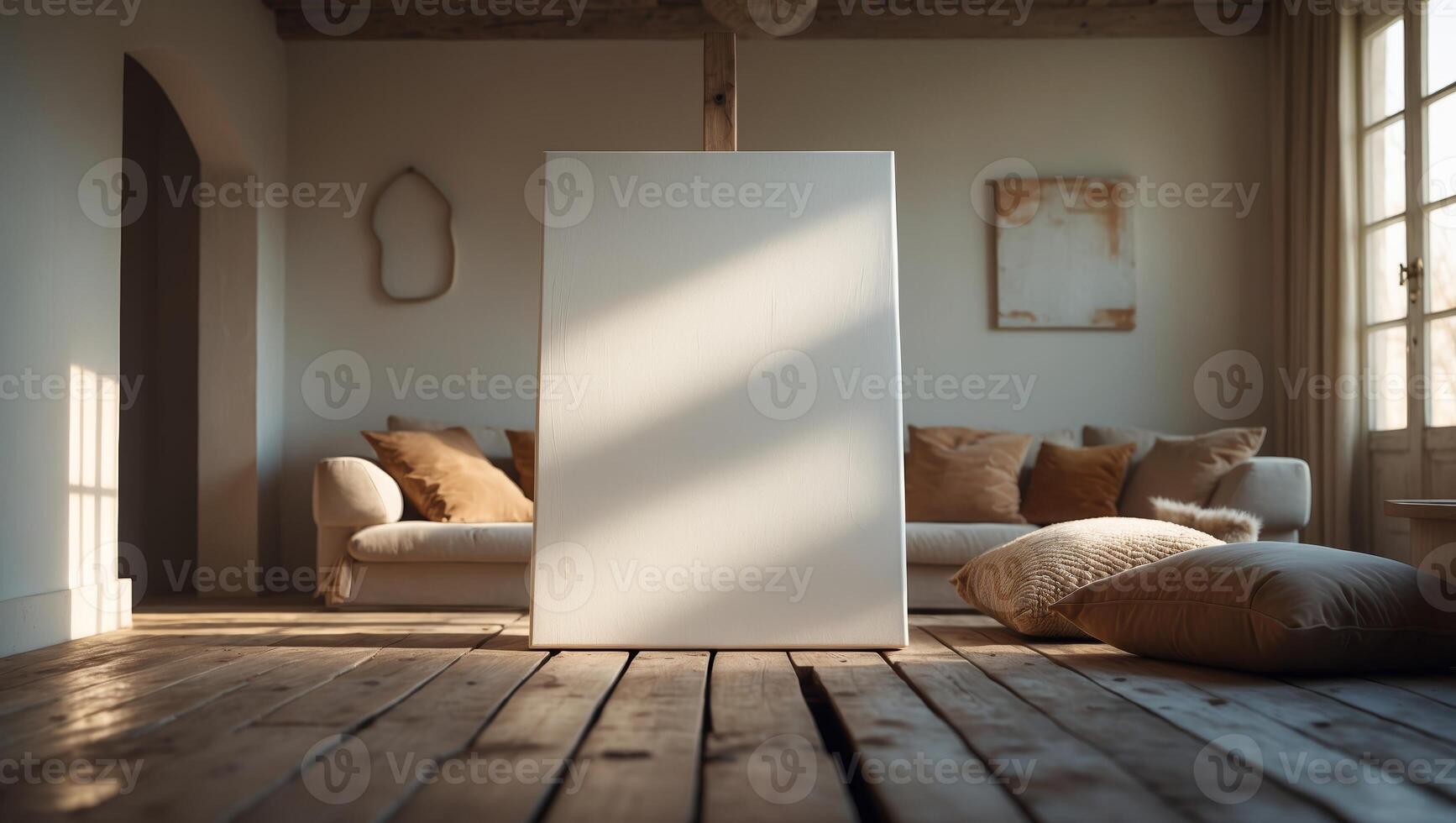 Empty canvas awaits artistic creation in a cozy interior setting with warm natural light photo