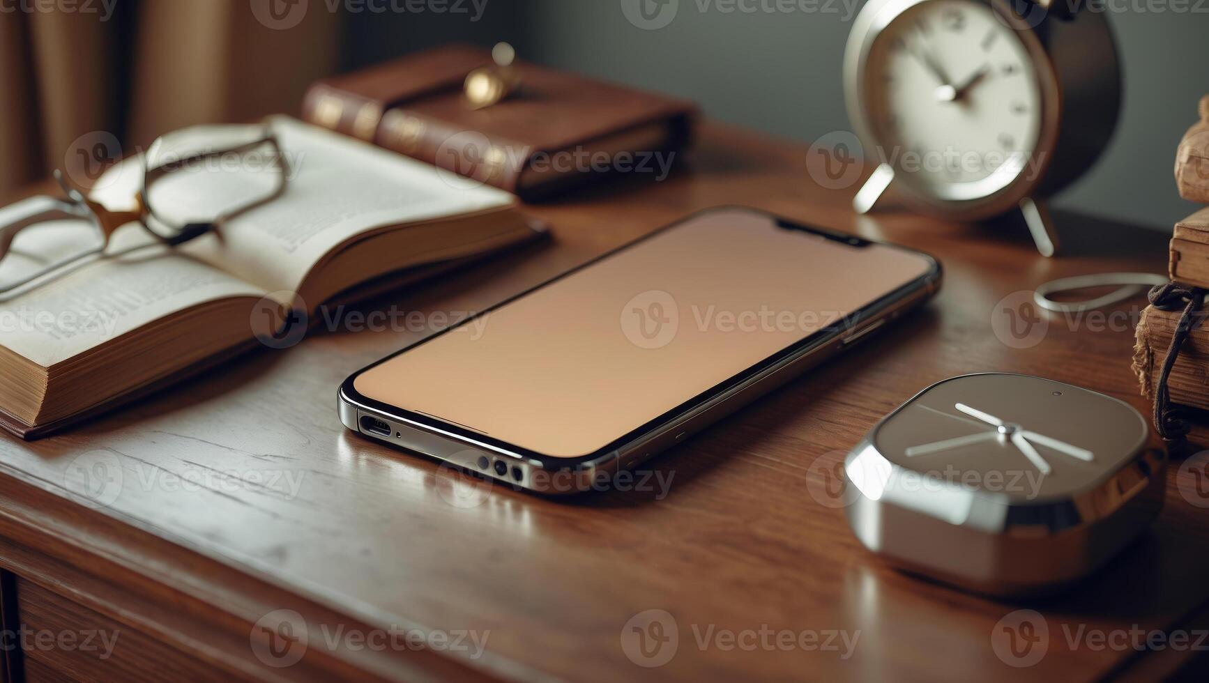 Modern workspace setup with smartphone, books, and clock on a wooden table in a cozy indoor environment photo