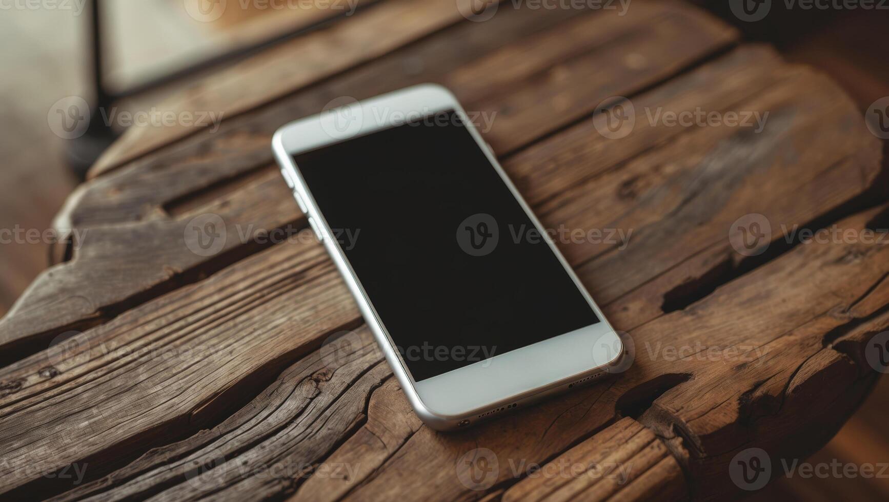 Smartphone resting on a rustic wooden table in a cozy indoor setting photo