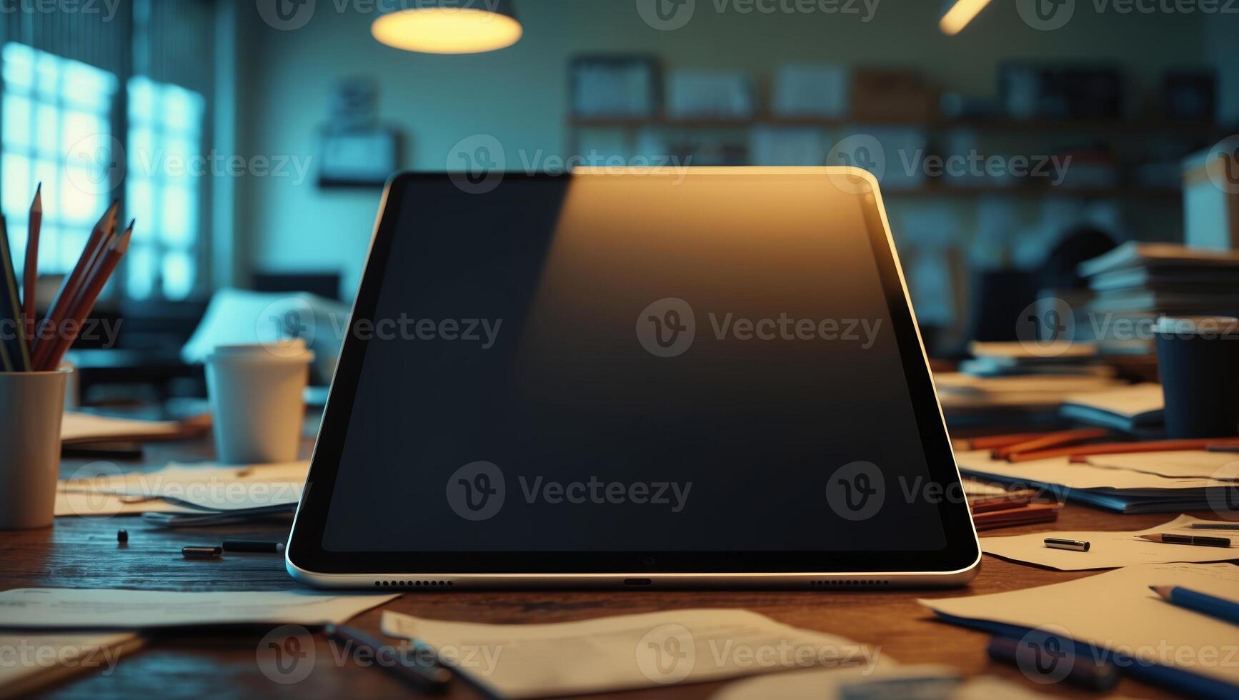 Creative workspace featuring tablet on desk surrounded by papers and stationery in a cozy evening setting photo