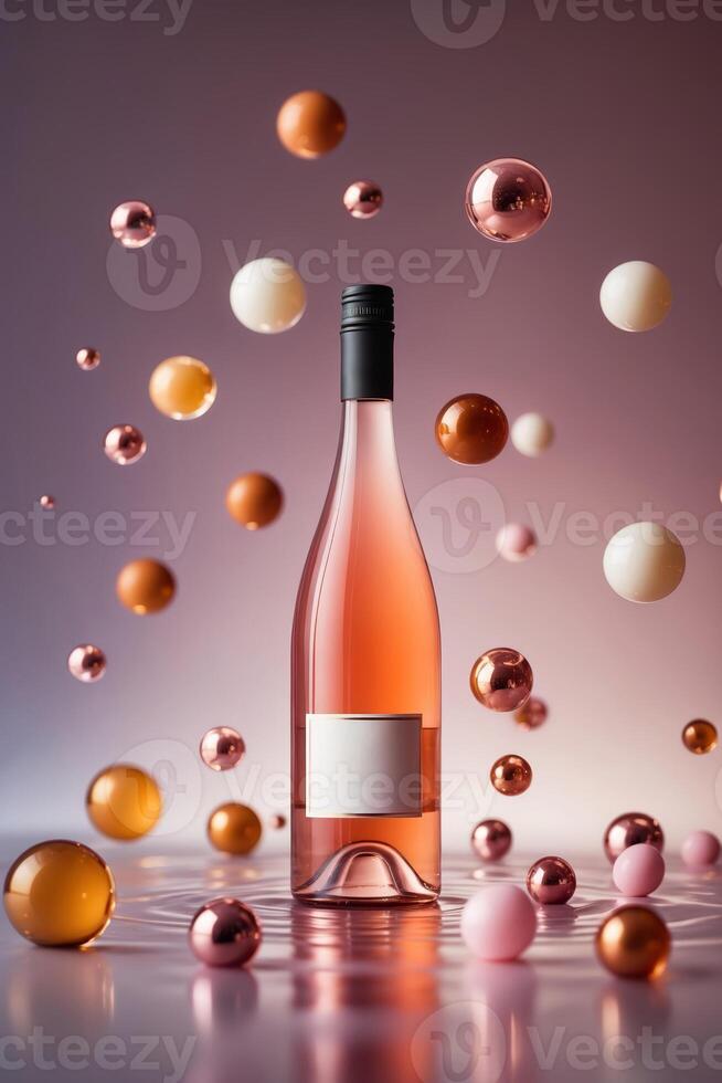 Elegant rose wine bottle surrounded by colorful spheres in a soft gradient background at a studio setting photo