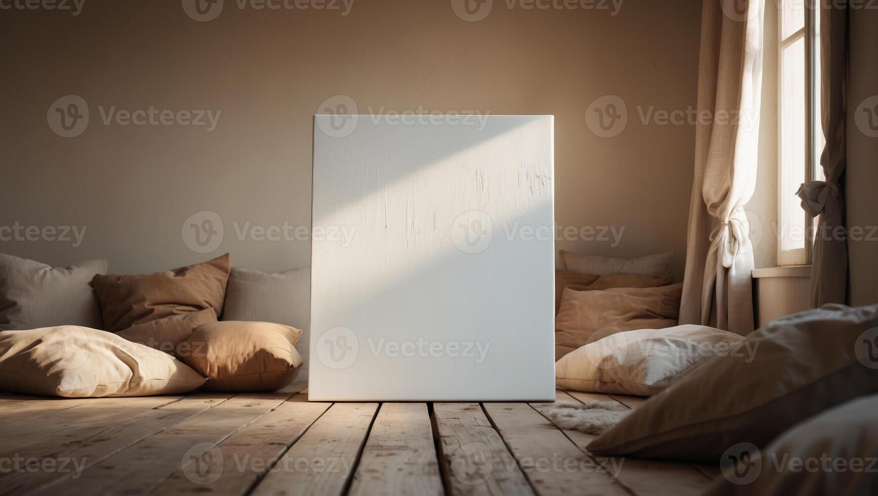 Blank canvas stands in a sunlit room filled with soft cushions and a warm wooden floor creating a serene artistic atmosphere photo