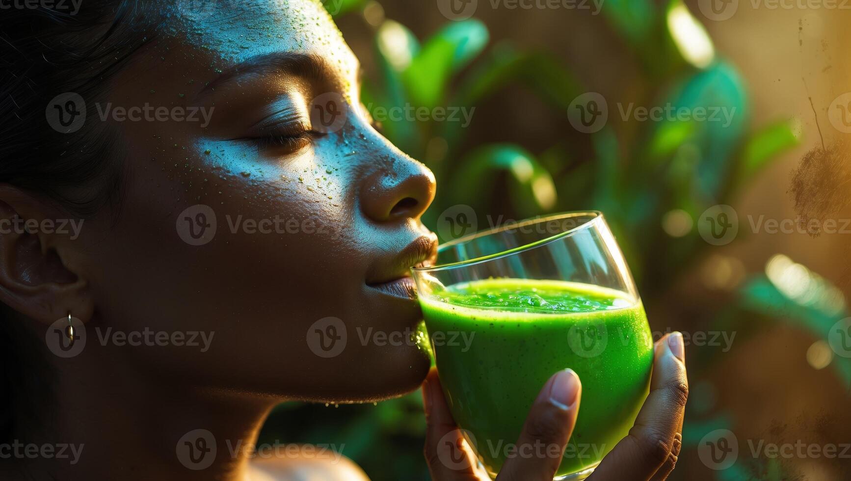 Woman sips green smoothie in a lush garden during golden hour, enjoying a refreshing moment of wellness photo