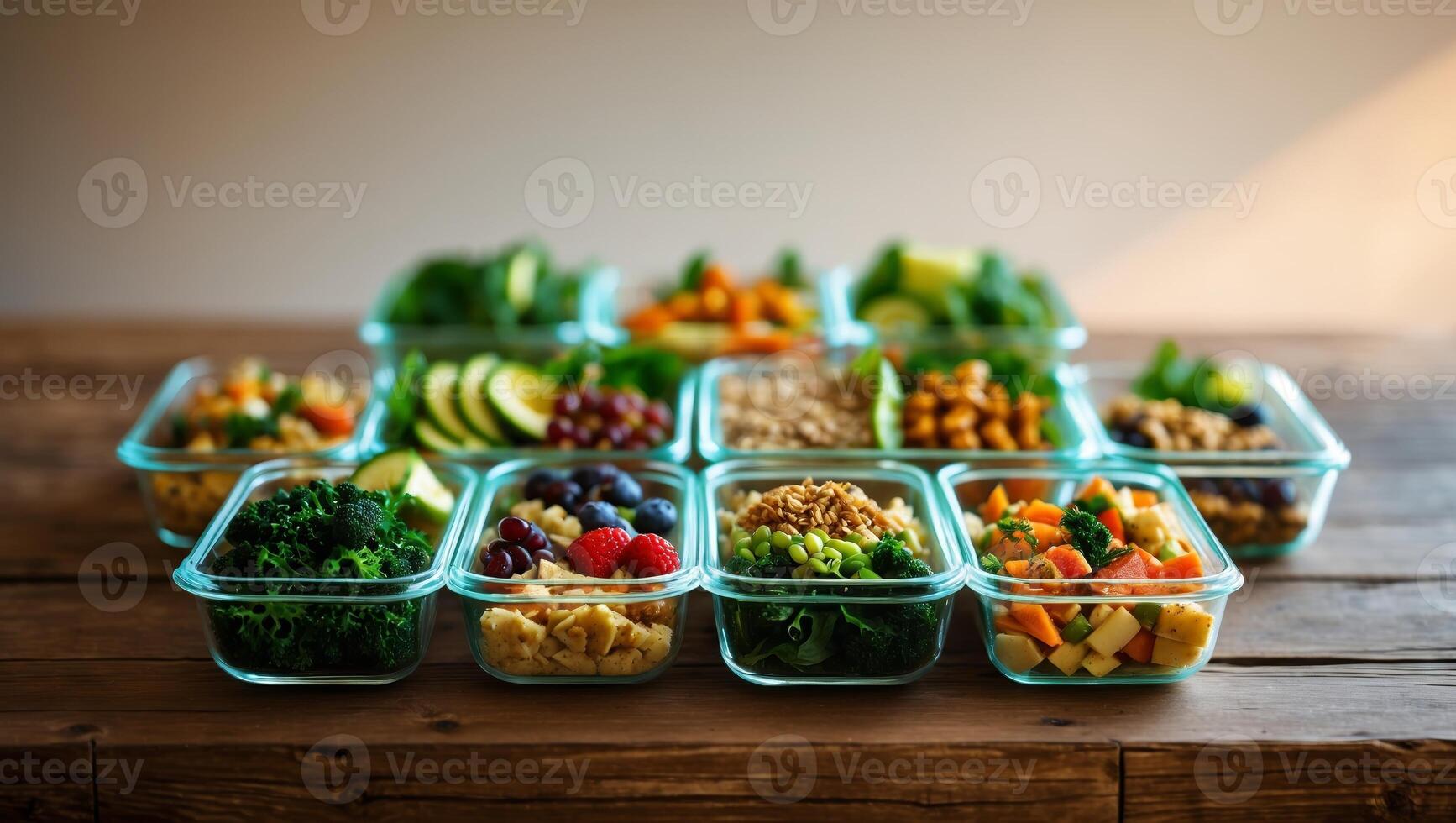 Colorful meal prep containers filled with nutritious vegetables and fruits arranged on a wooden table indoors photo