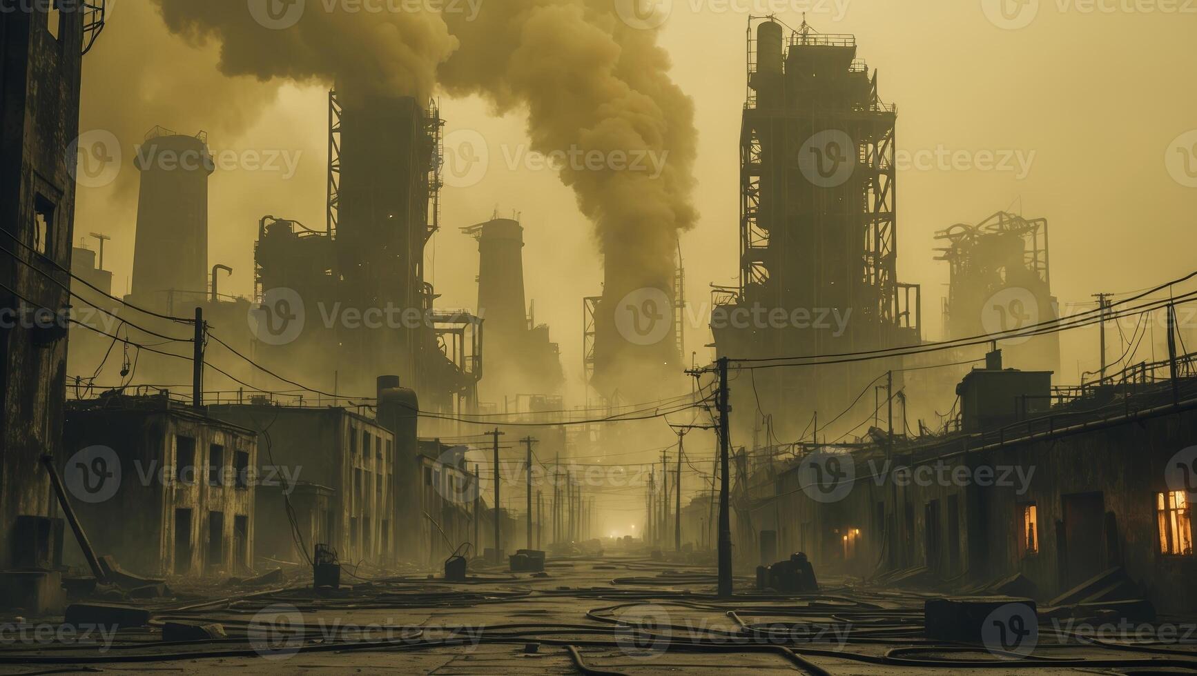 Industrial landscape at dusk with billowing smoke and desolate streets in a pollution-filled environment photo