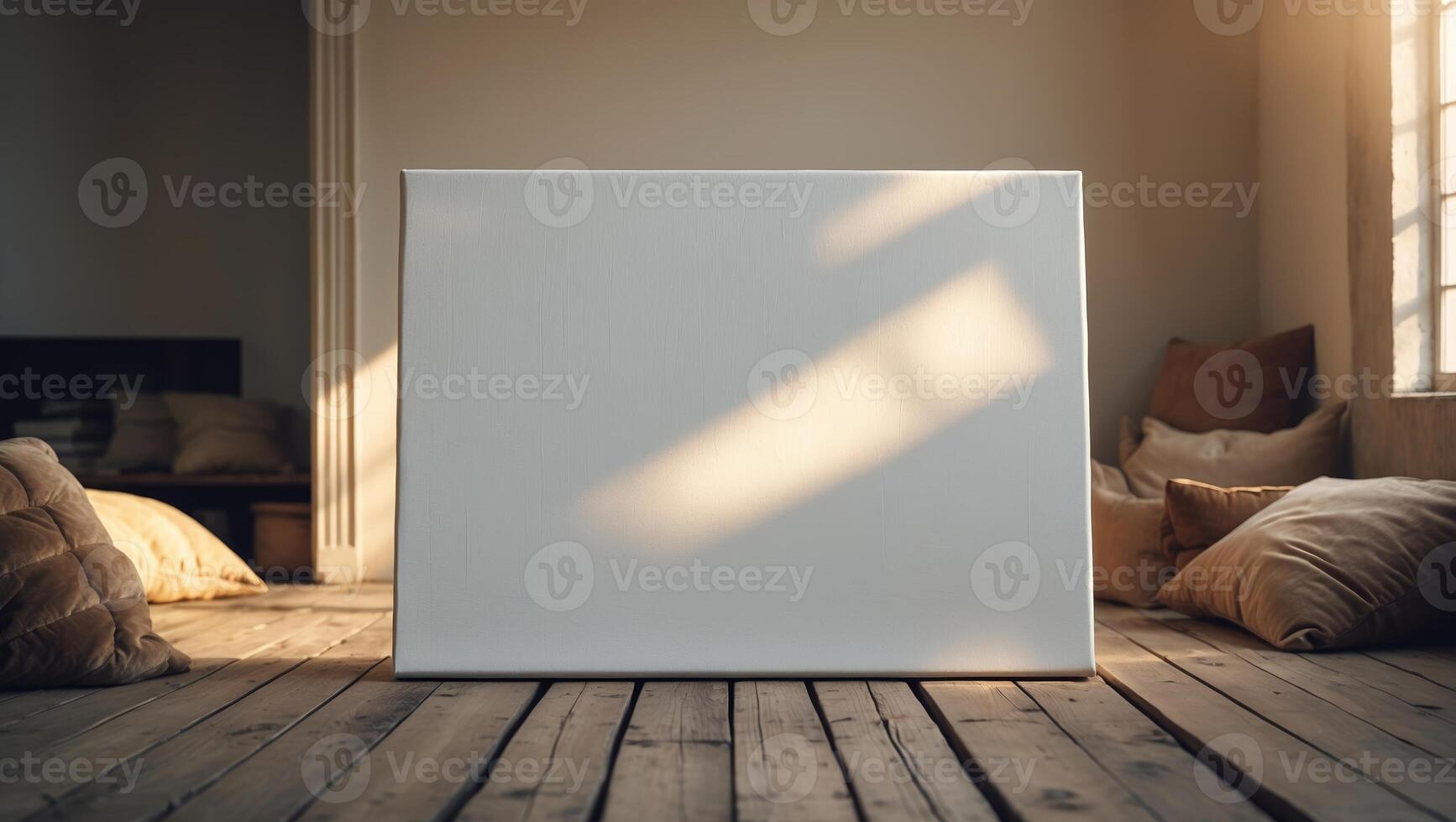 Blank canvas set in a cozy, sunlit room with wooden floor and soft textures for creative inspiration photo