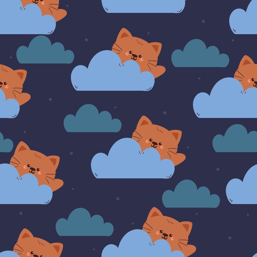seamless pattern cute cartoon cat behind clouds in the night sky. cute animal pattern for wallpaper, background and gift wrap paper vector