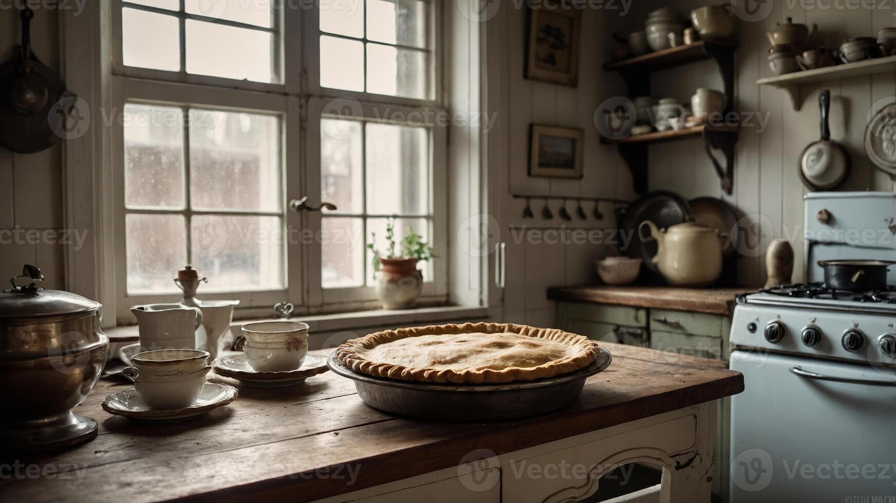 Cozy kitchen scene with fresh pie and vintage cookware on a rainy day photo