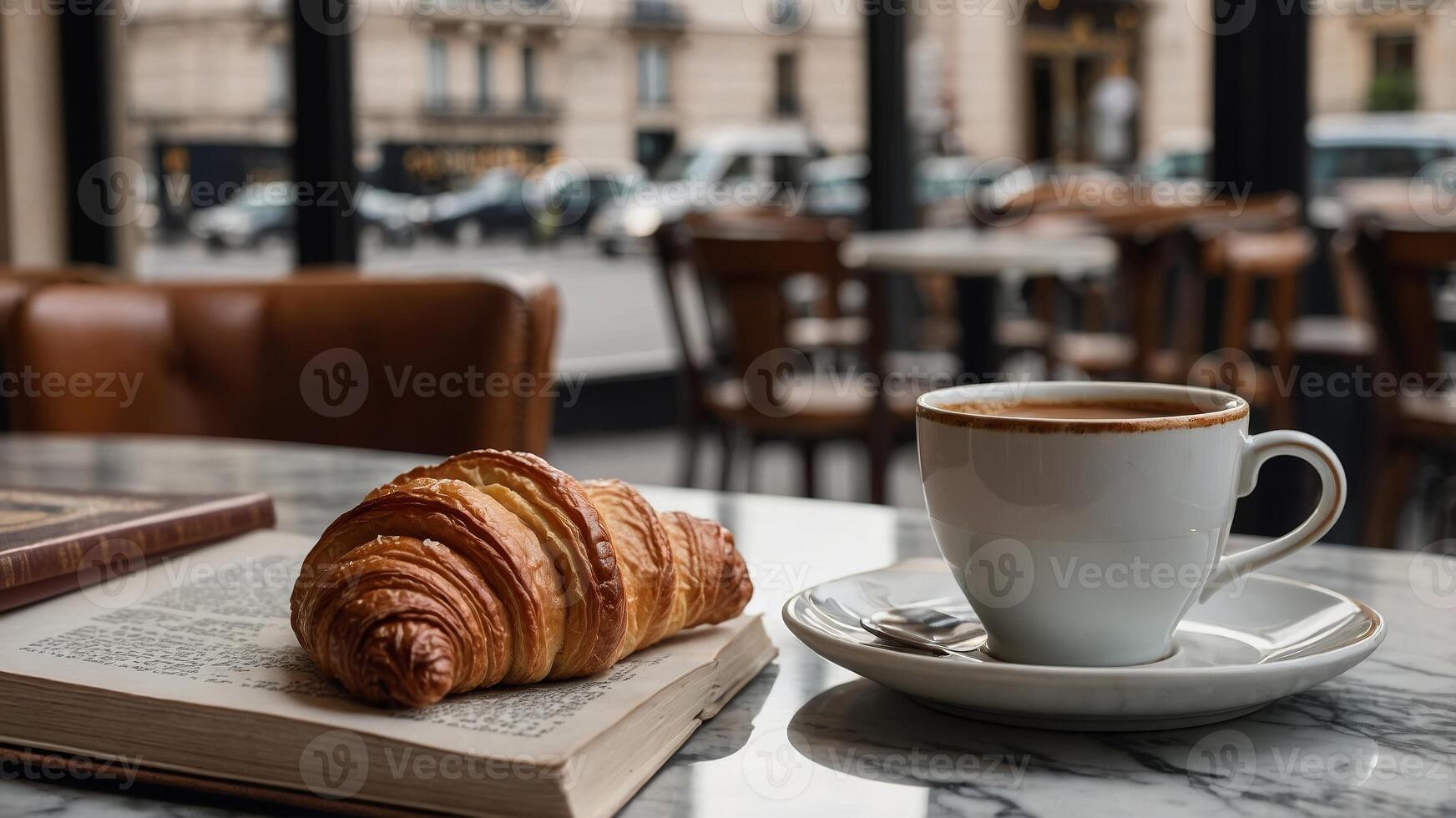 Enjoying a warm croissant and coffee at a Parisian cafe during a leisurely morning photo