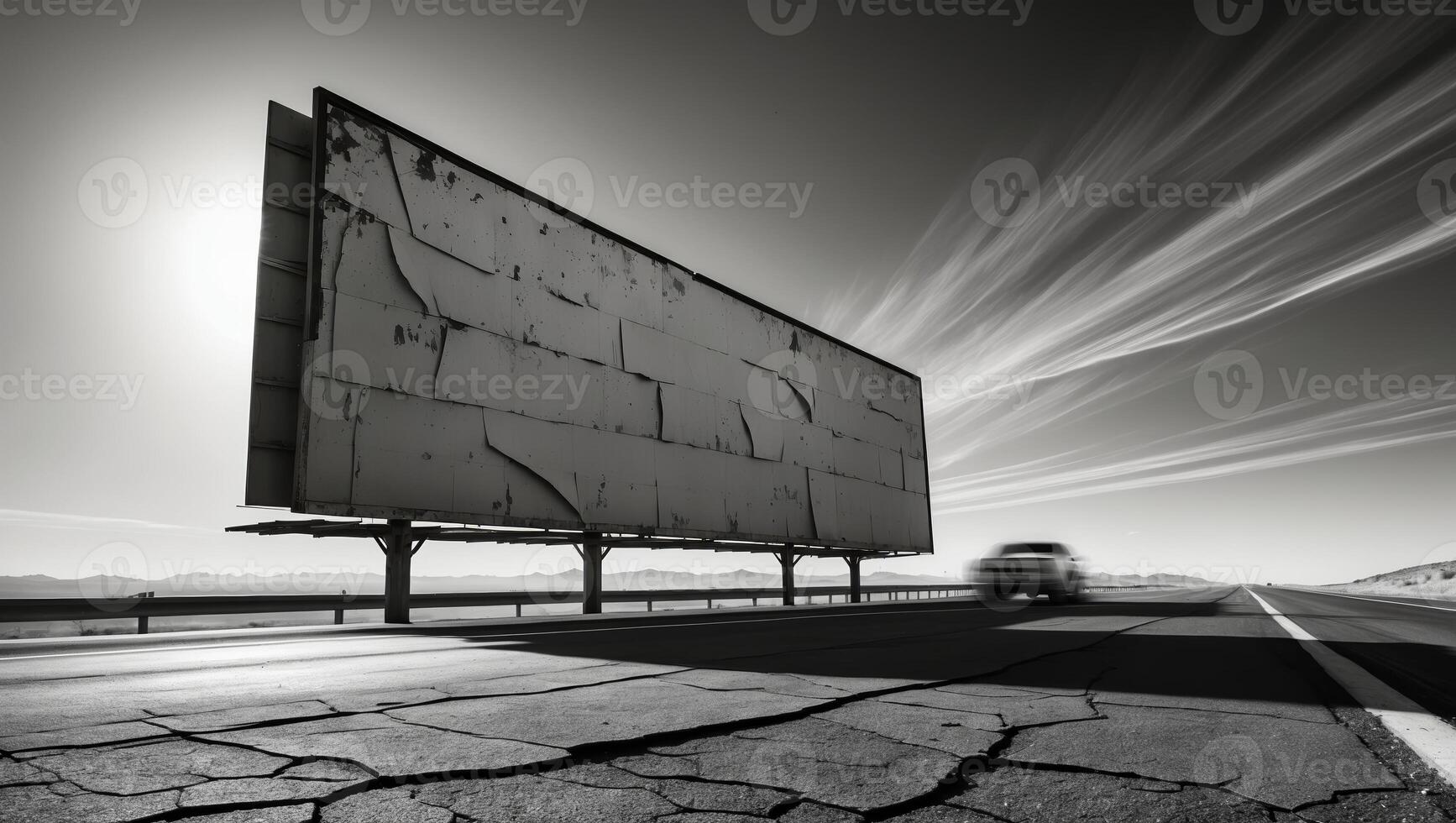 Old billboard stands beside cracked road as a vehicle passes in desert landscape with dramatic clouds in the sky photo
