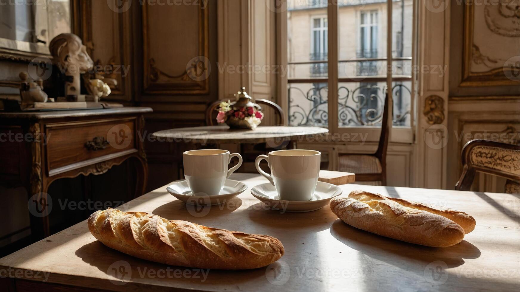 Morning breakfast with coffee and fresh baguettes in a classic Parisian apartment photo