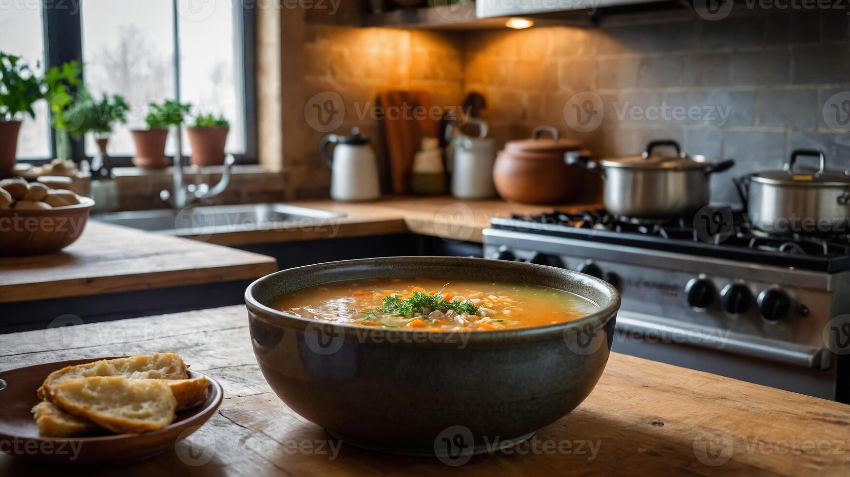 Warm soup in a cozy kitchen with wooden countertops and fresh ingredients in view during a peaceful afternoon photo