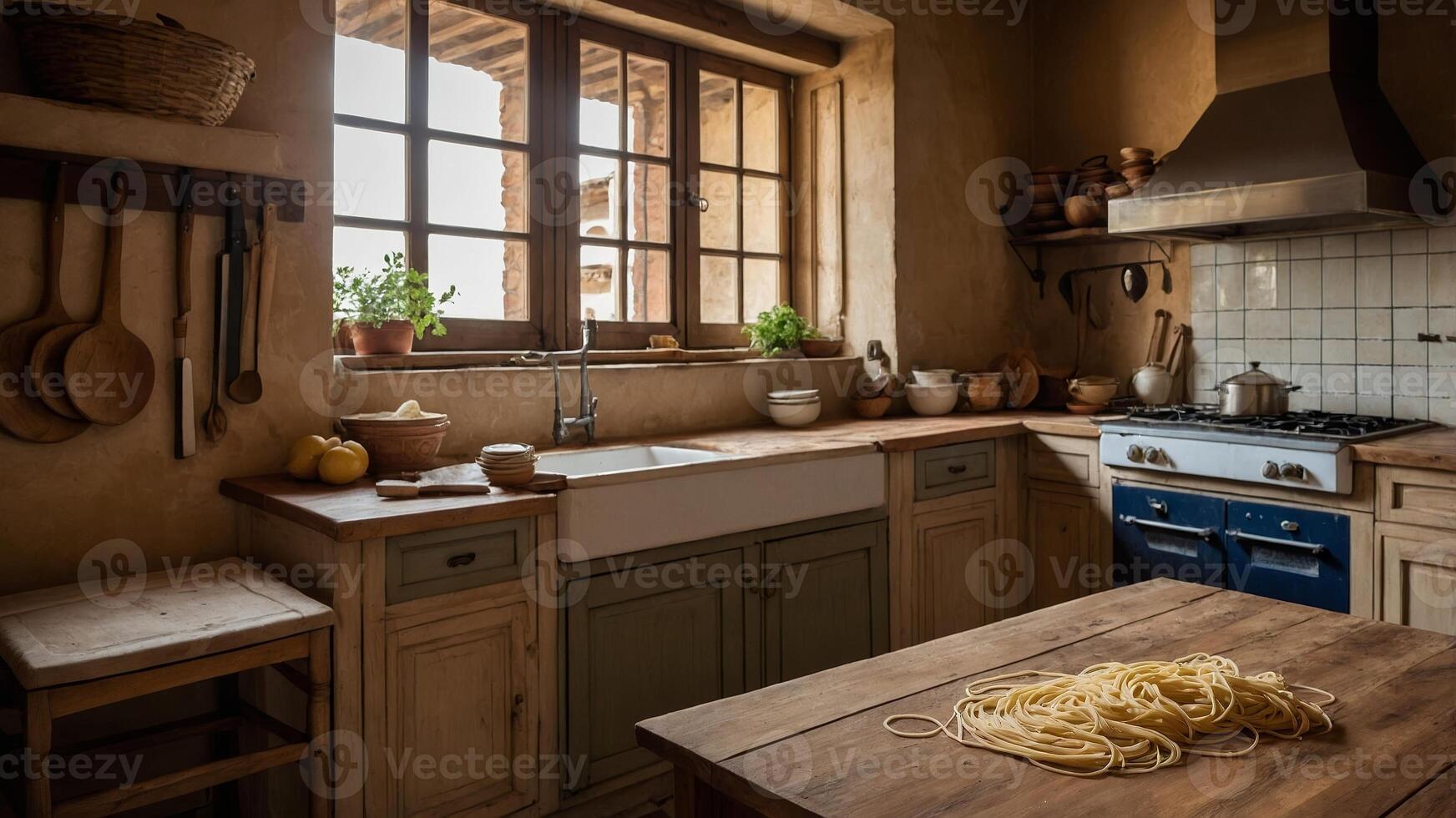 Rustic kitchen with wooden countertops, fresh pasta, and sunlit windows is perfect for cooking enthusiasts photo