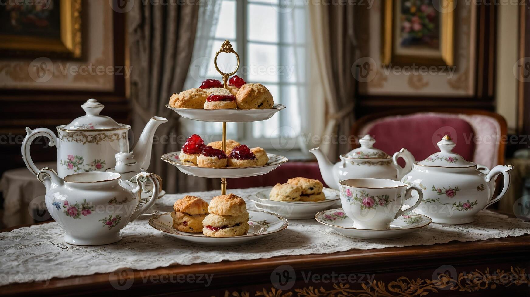Elegant afternoon tea set with scones and pastries arranged in a historic setting photo