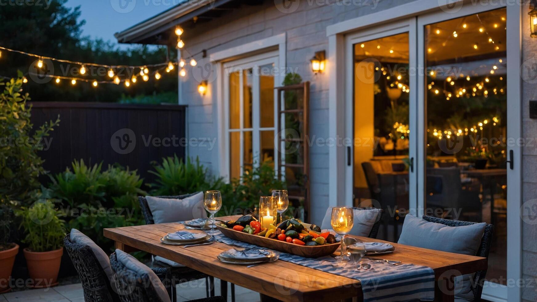 Evening gathering with fresh fruits and candles at a beautifully decorated outdoor dining area photo