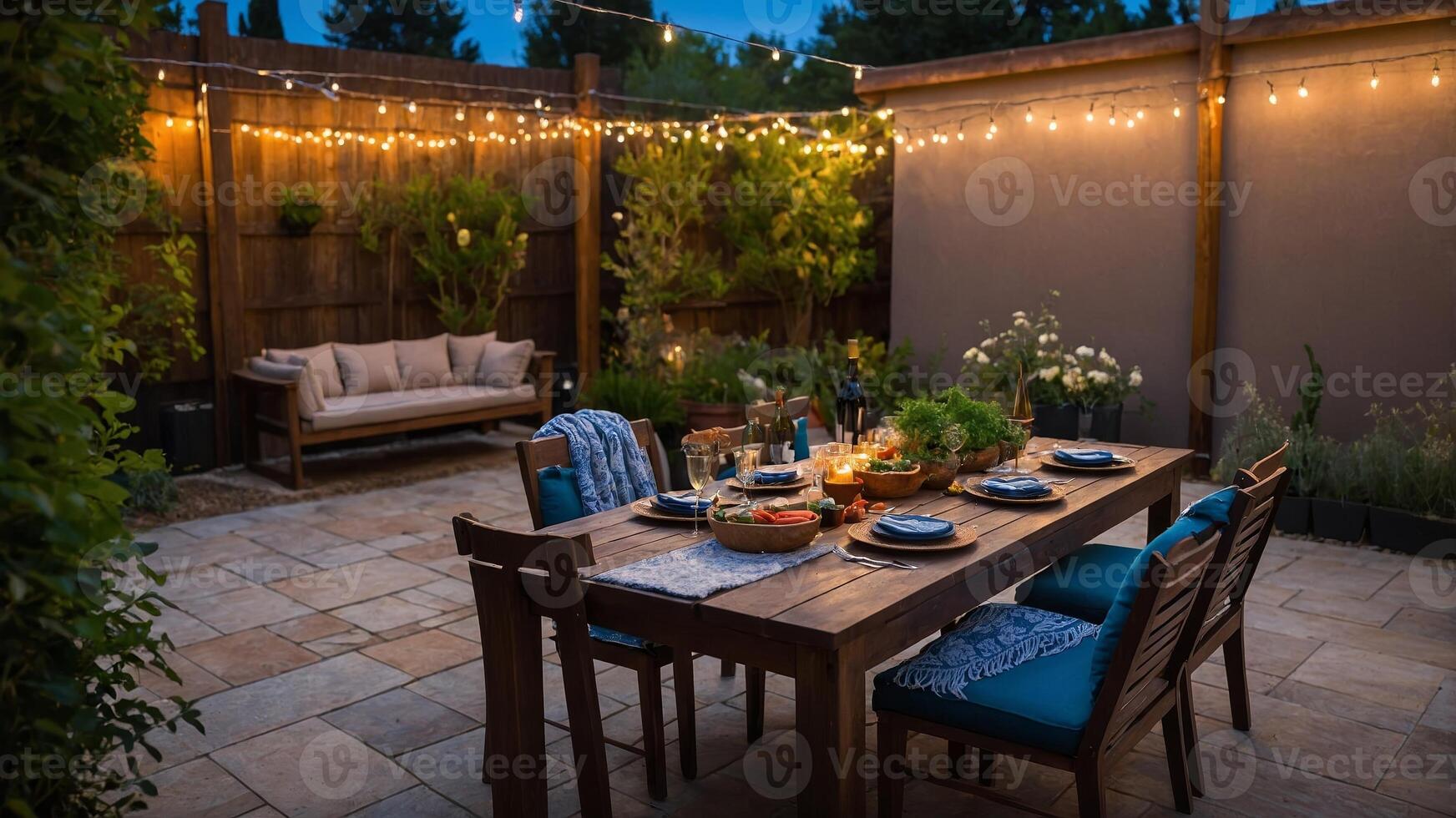 Outdoor dining setup with warm lighting in a garden during the evening photo