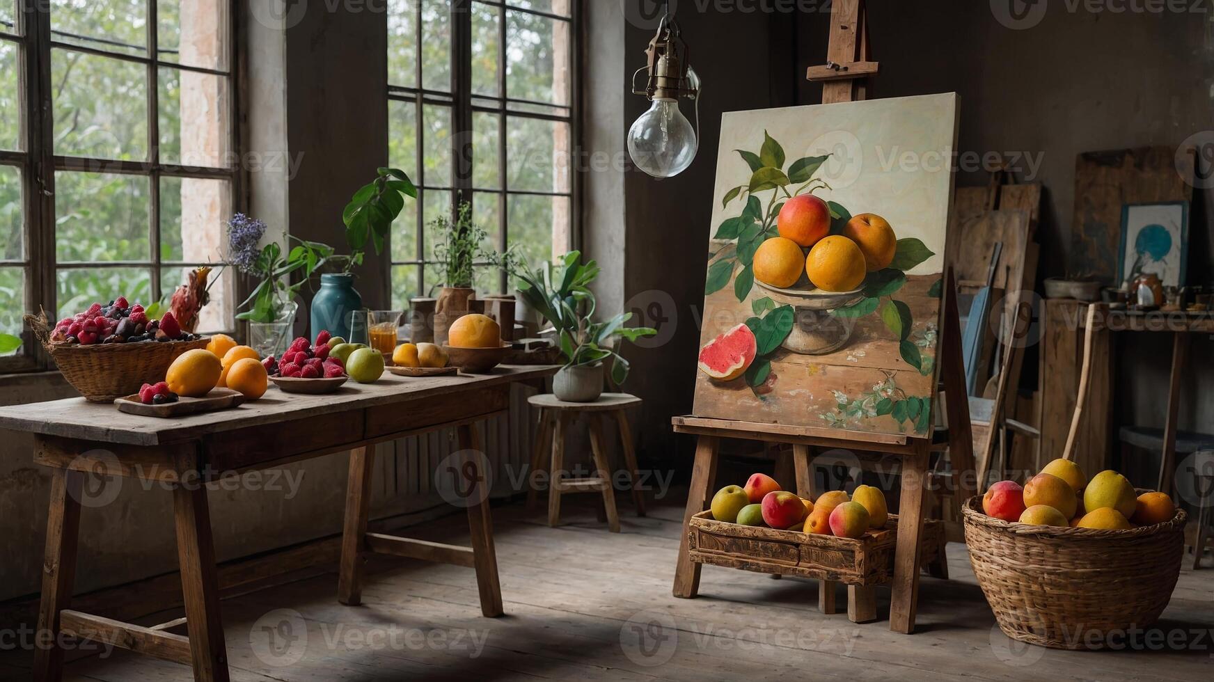 Colorful still life with fruits in an artist studio featuring natural light and painted canvas photo