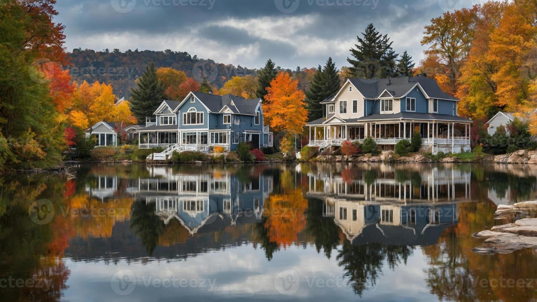 Beautiful autumn landscape with colorful trees and houses reflected in a calm lake in a picturesque location photo