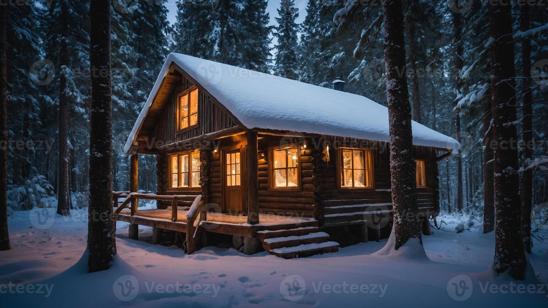 Cozy log cabin illuminated by warm lights during winter evening in a snowy forest photo