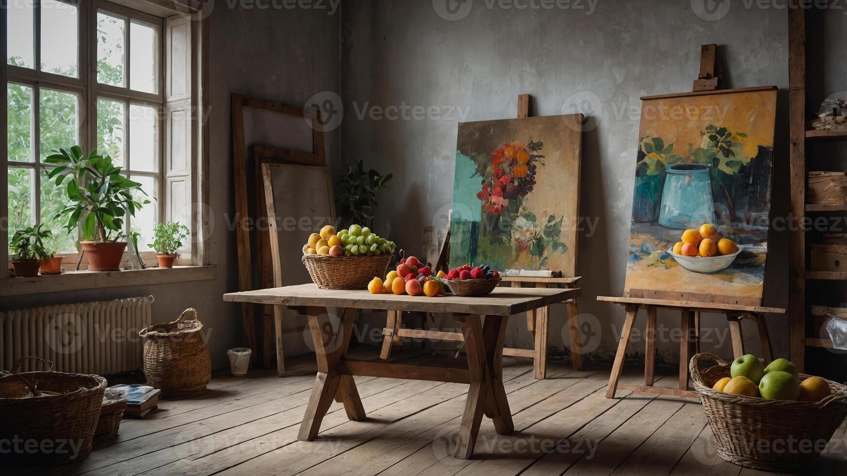 Art studio filled with fresh fruits and vibrant paintings creating an inviting atmosphere for creativity photo