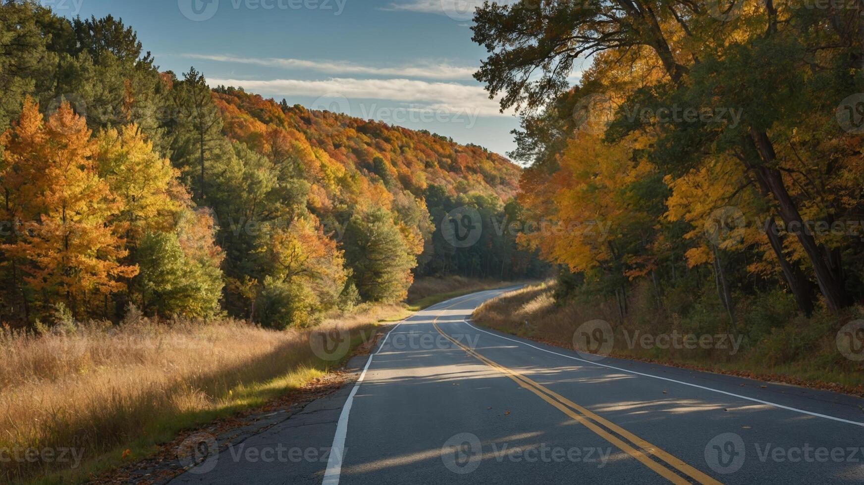 Autumn foliage along a winding road in the countryside surrounded by vibrant trees and clear skies photo