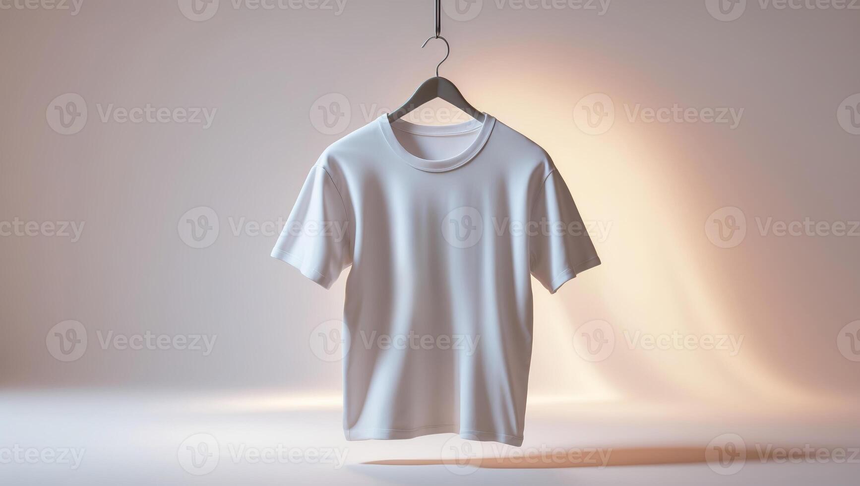White t-shirt hanging on a hanger against a softly lit background showcasing modern minimalist design elements photo