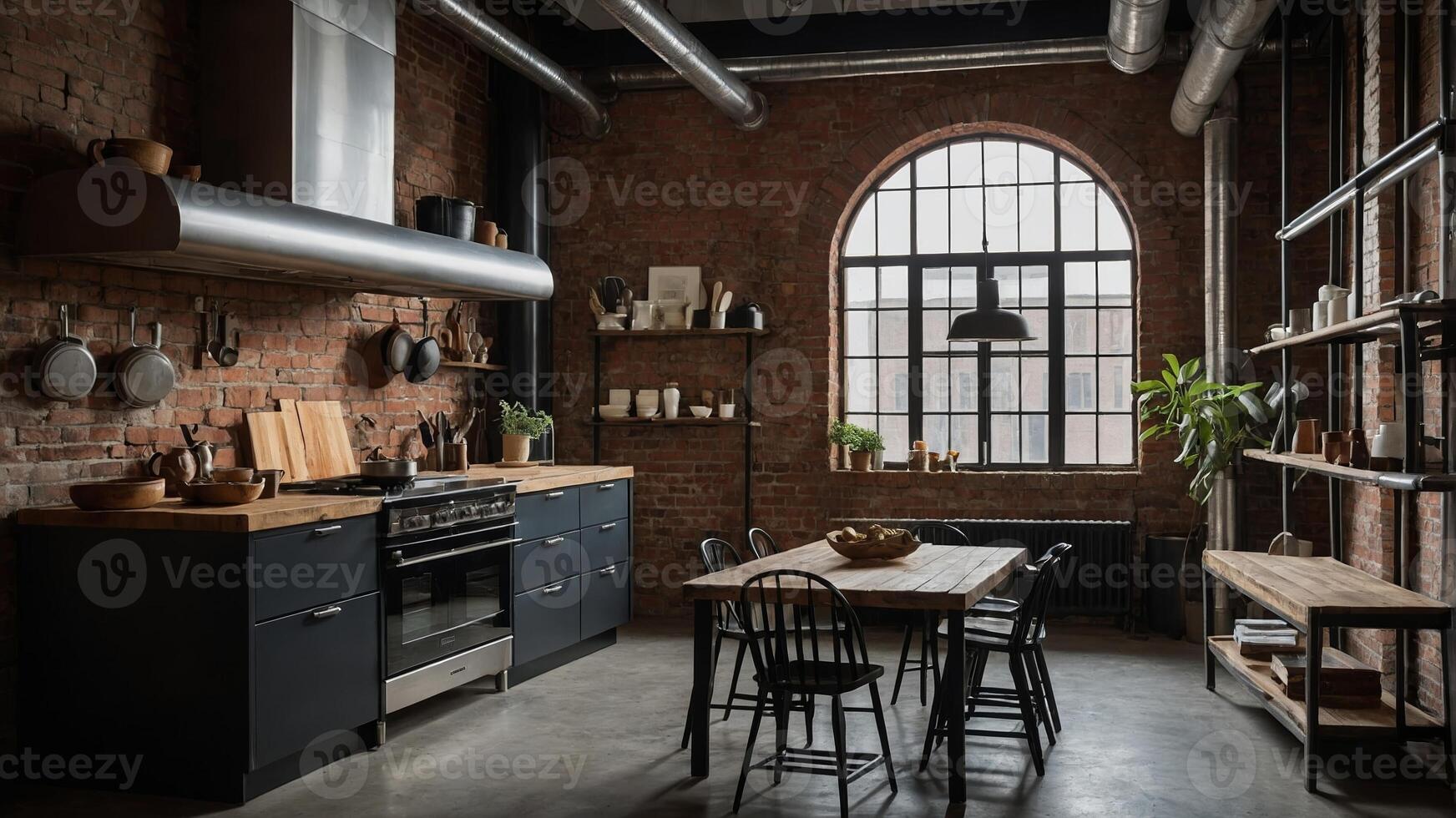 Modern industrial kitchen with exposed brick and wooden accents in a cozy urban setting photo