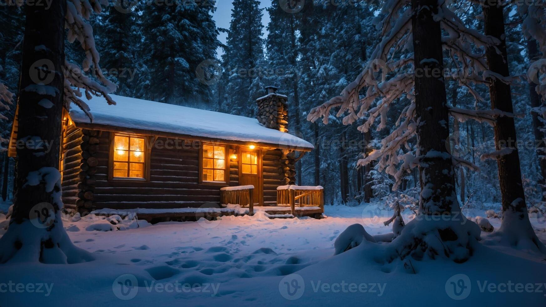 Cozy winter evening at a remote log cabin surrounded by snow-covered trees photo