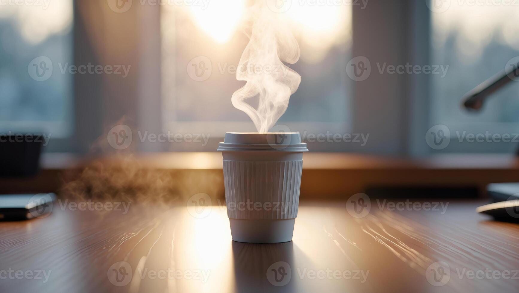 Morning coffee cup emits steam in a sunlit workspace photo