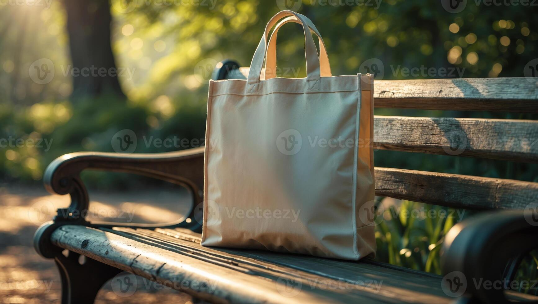 A simple tote bag rests on a park bench surrounded by greenery during the golden hour of a serene afternoon photo