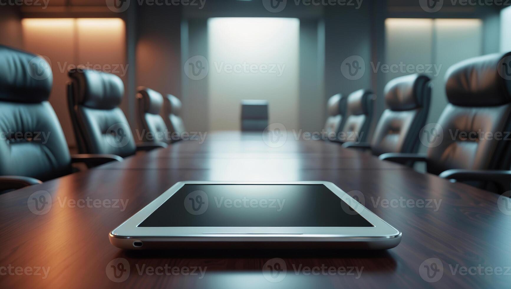Modern conference room setup with tablet on table, showcasing a professional environment for business meetings photo