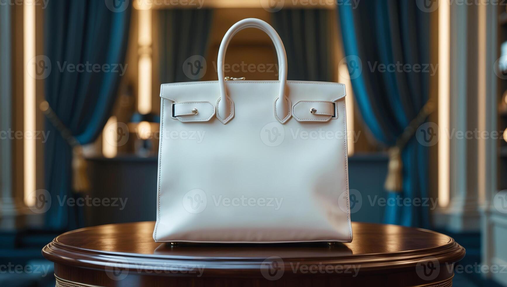 Elegant white handbag displayed on a polished wooden table in a luxury boutique setting with soft lighting in the background photo