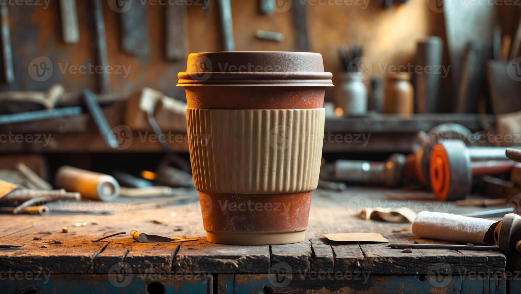 Rustic coffee cup on a workbench surrounded by tools in a creative workspace during the day photo