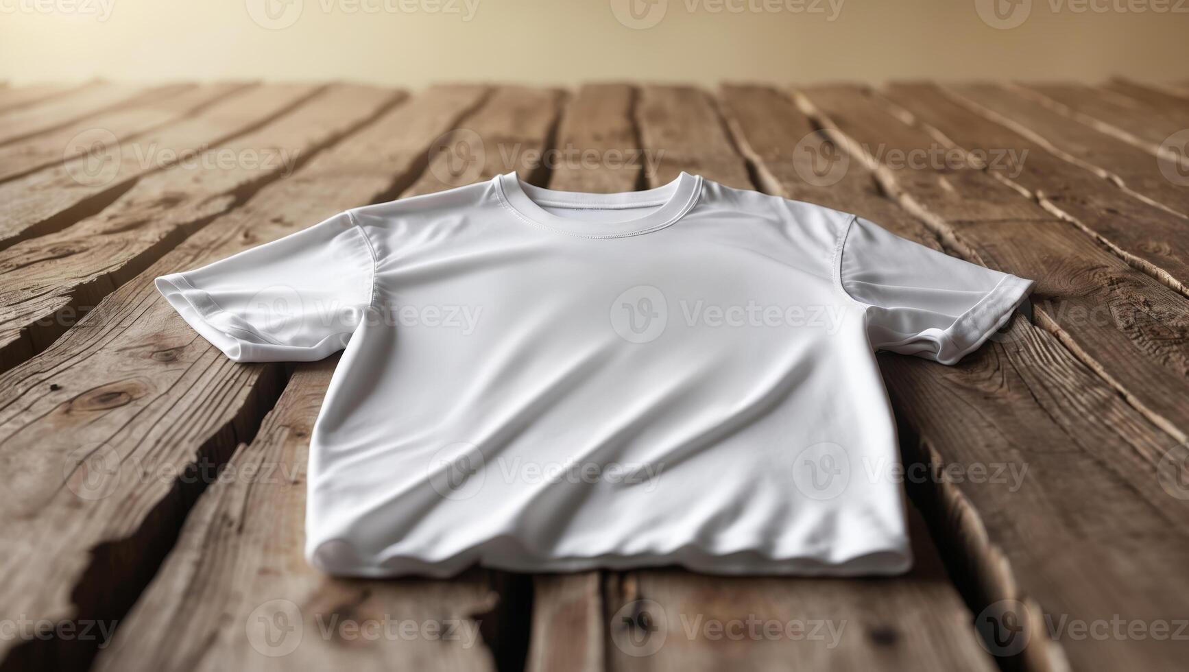 Casual white t-shirt resting on rustic wooden surface in soft lighting photo