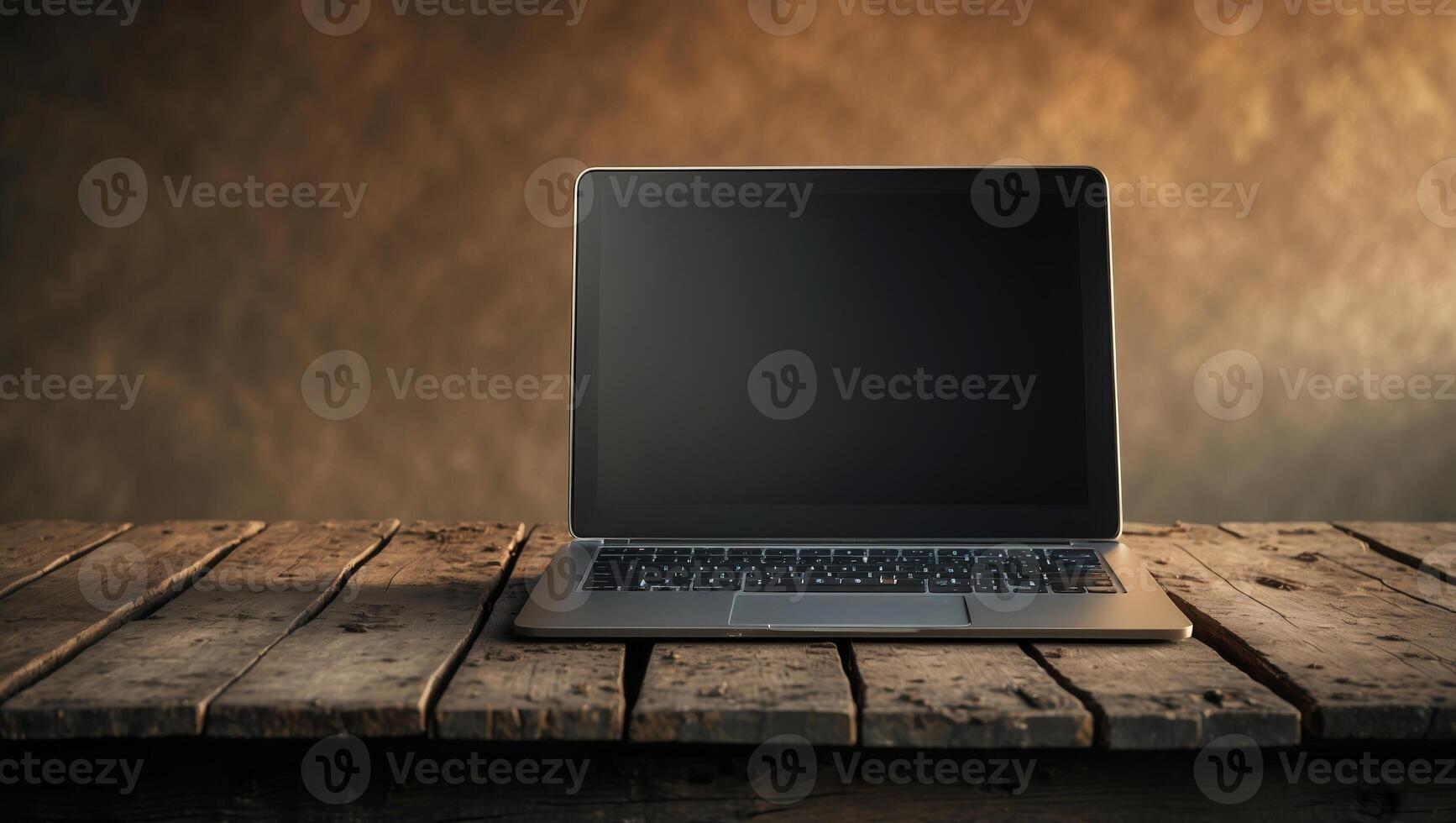 A sleek laptop sits on a rustic wooden table against a warm, gradient background in a tranquil environment photo