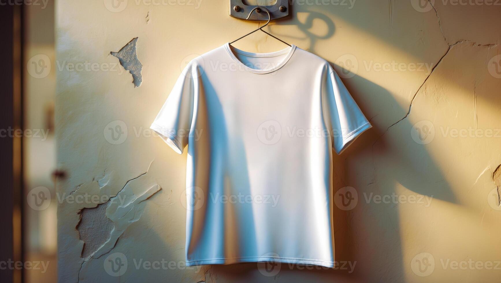 White cotton t-shirt hanging on a hook against a textured wall in soft afternoon light photo