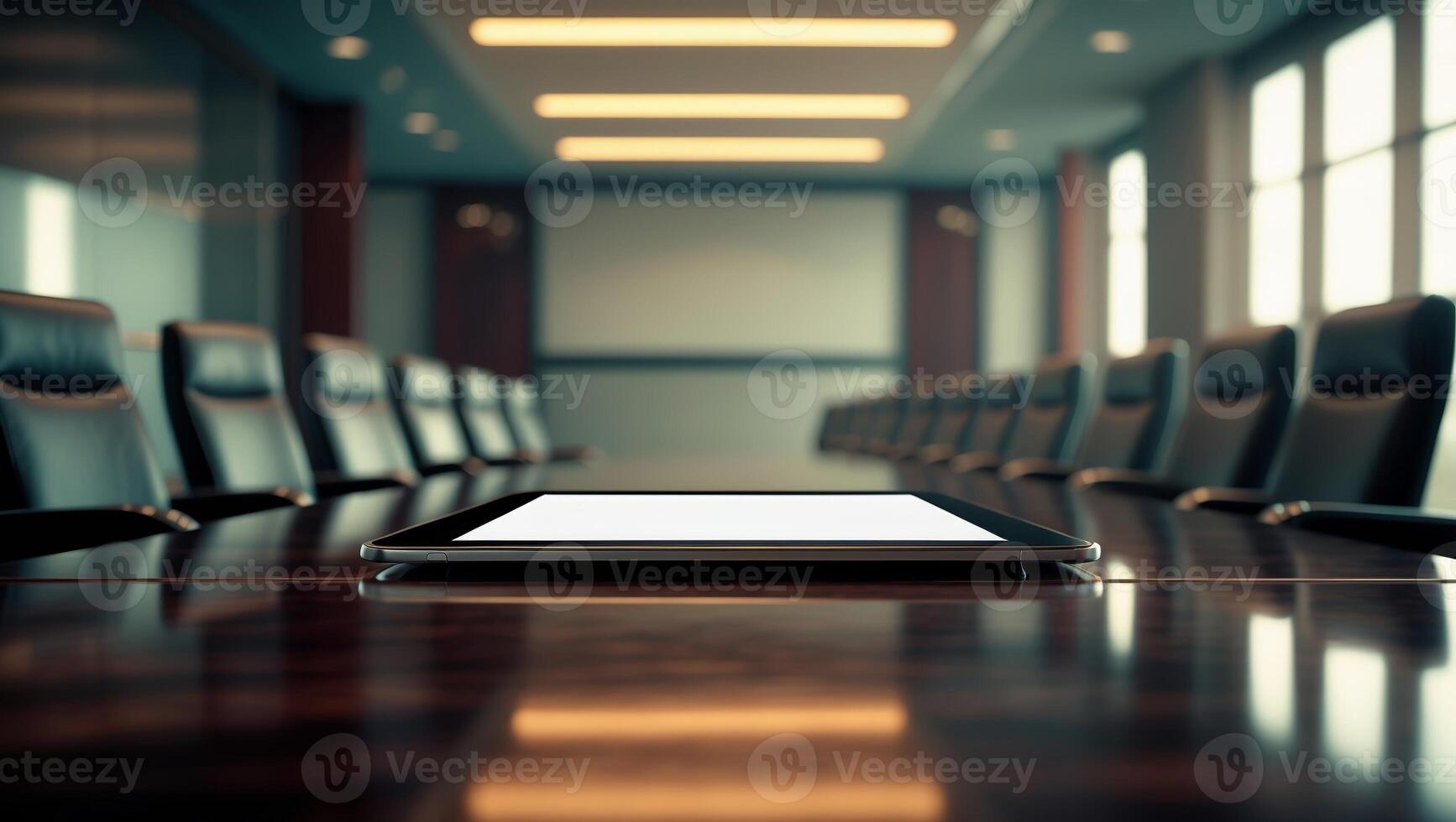 Modern conference room setup with tablet on a polished wooden table during a business meeting photo