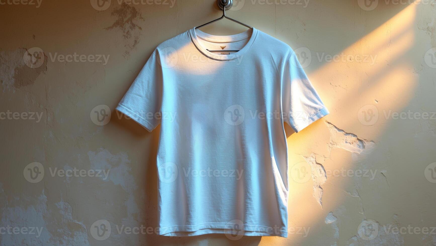 White t-shirt hanging on a wall with sunlight illuminating the fabric in a rustic setting during the late afternoon photo