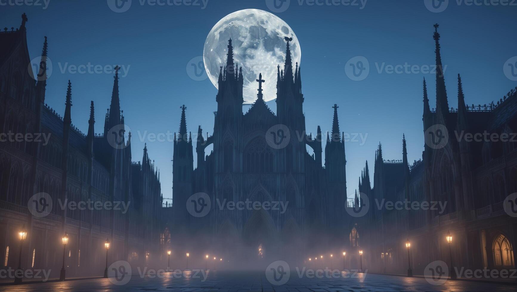 St. Vitus Cathedral illuminated by a full moon in a misty night setting in Prague photo
