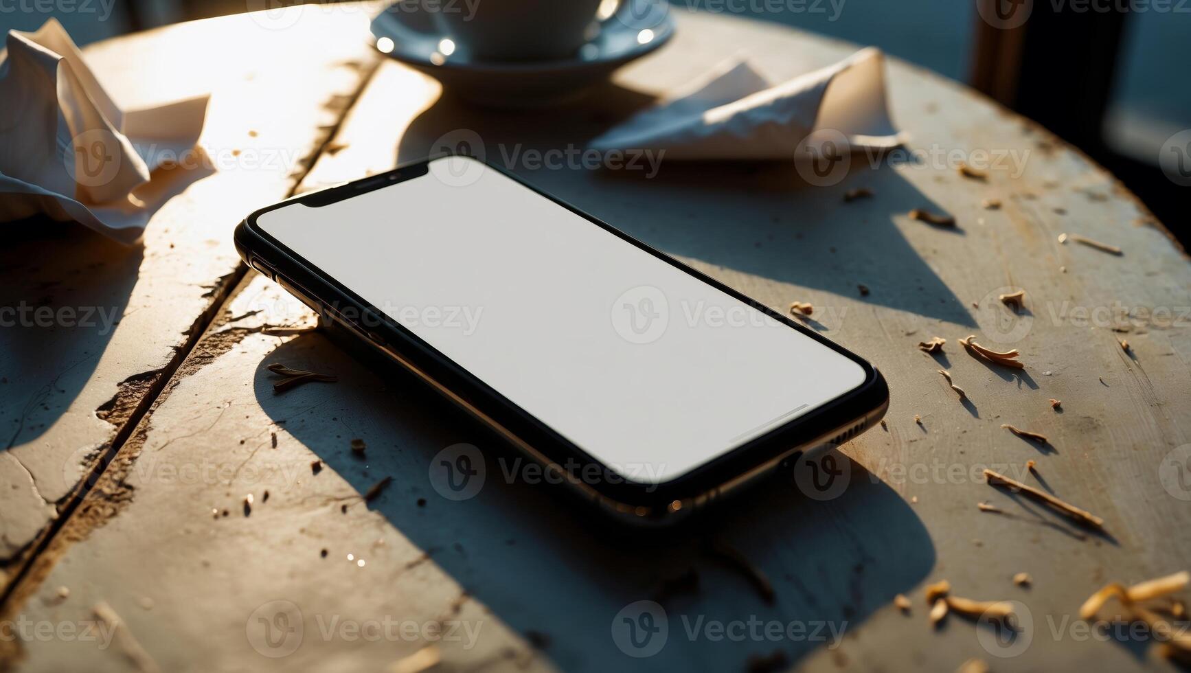 A smartphone resting on a rustic table beside a coffee cup and folded paper objects in soft sunlight photo