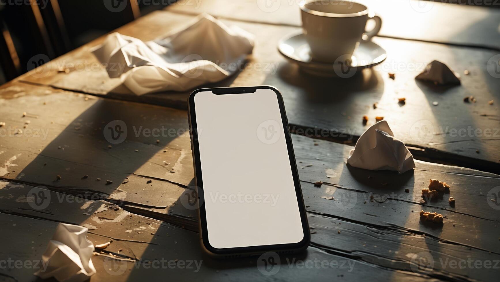 Morning light casts shadows on a smartphone and a coffee cup beside crumpled napkins on a rustic table photo