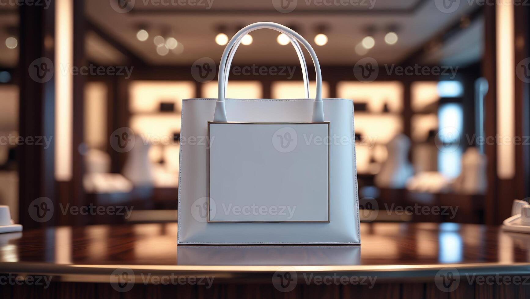 Elegant white handbag displayed in a luxury boutique with soft ambient lighting photo