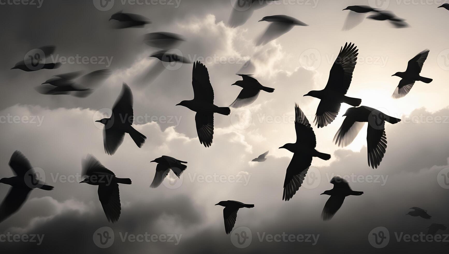 Flock of birds soaring through a dramatic cloudy sky during early morning hours photo
